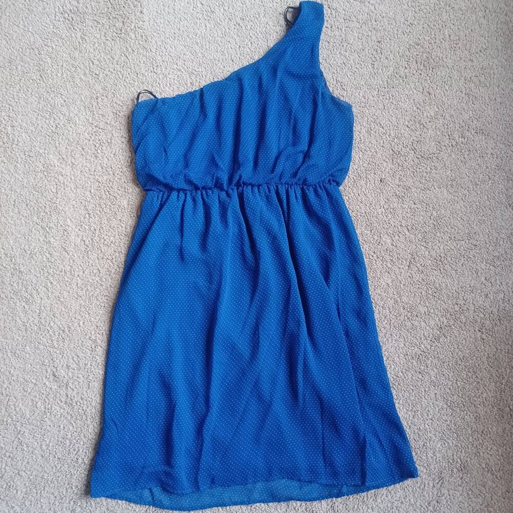 One Shoulder‎ Dress Polka Dot Dress  Chiffon Blue White Dot Sz S Fairycore
